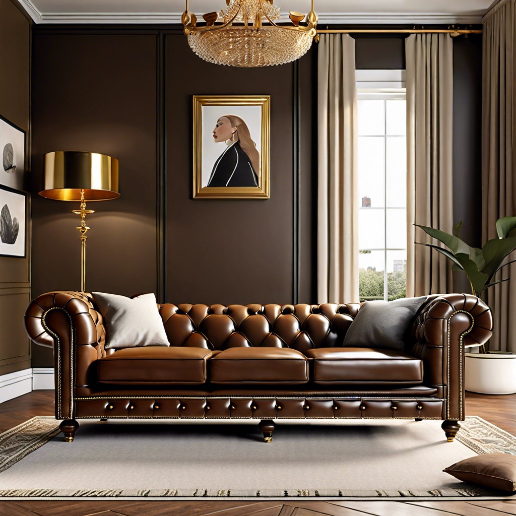 brown chesterfield with gold accents