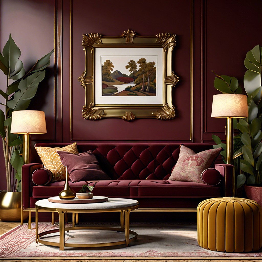 burgundy couch with vintage brass lamps