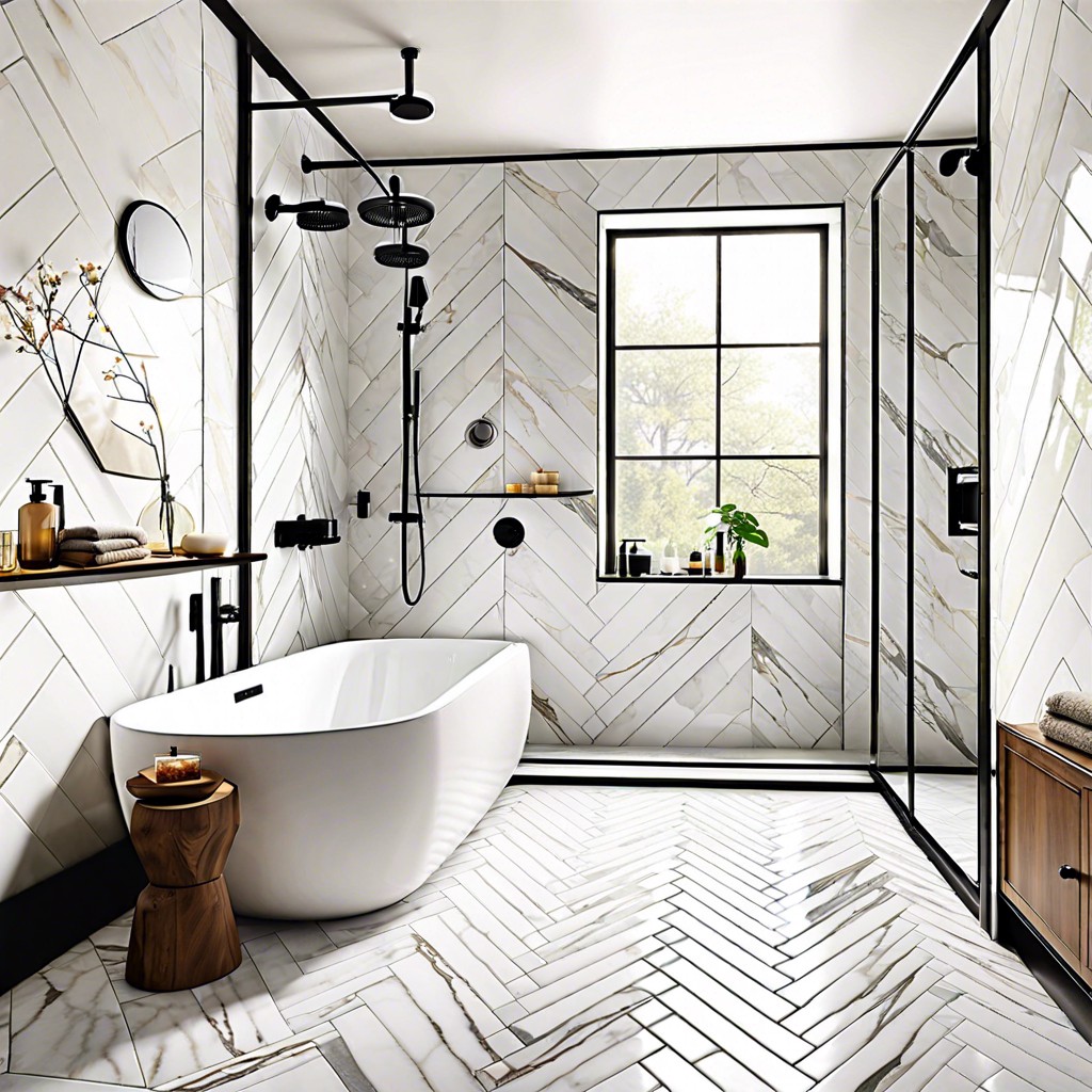 calacatta tiles in a herringbone pattern