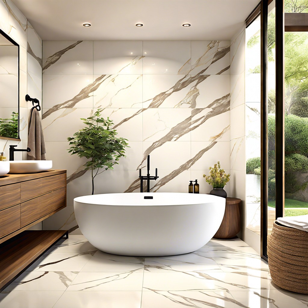 calacatta tiles with a freestanding tub