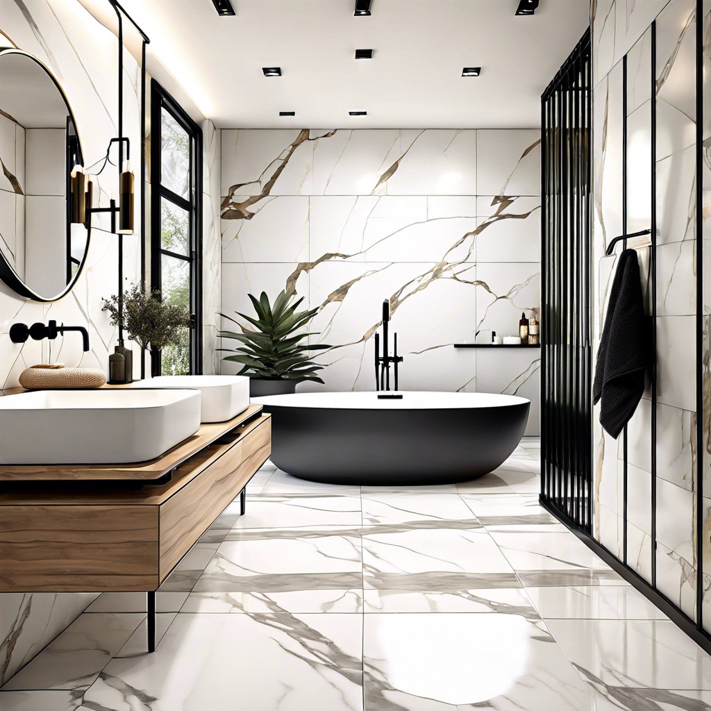 calacatta tiles with black fixtures