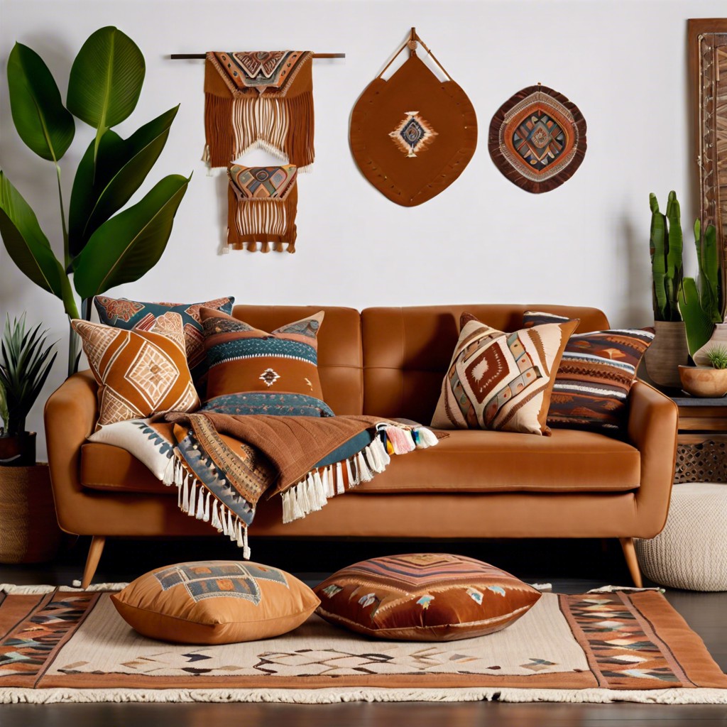 caramel couch and boho chic throw pillows