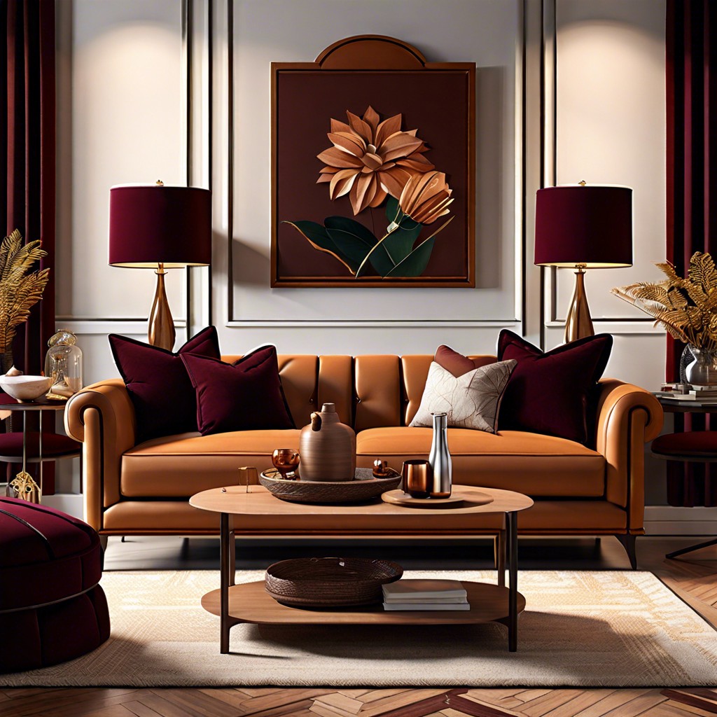 caramel couch and deep burgundy accents
