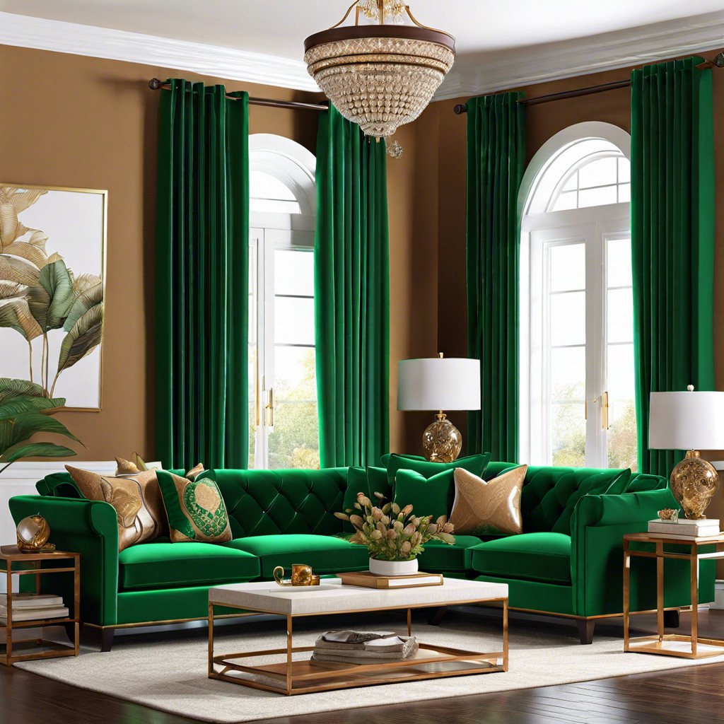 caramel couch and emerald green curtains