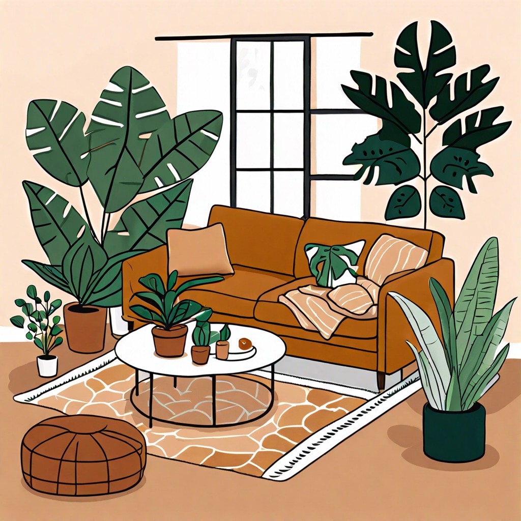 caramel couch and oversized leafy houseplants