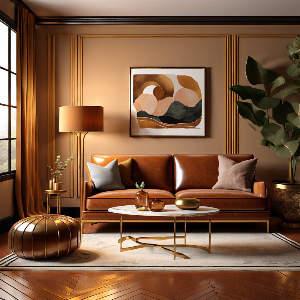 caramel couch and vintage brass floor lamp
