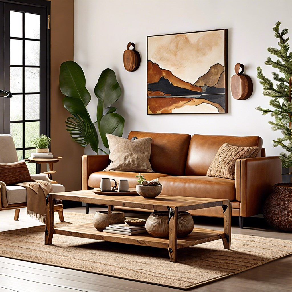 caramel couch beside a rustic wood coffee table