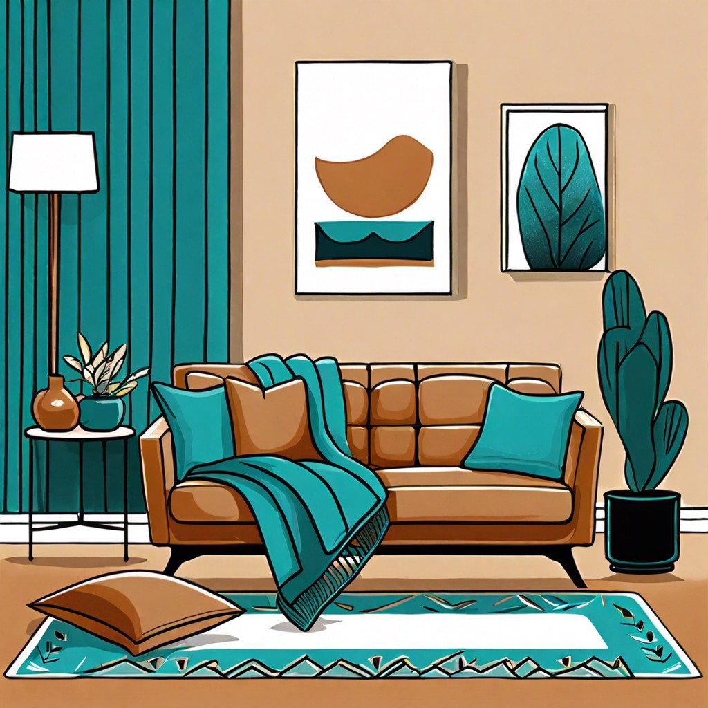 caramel couch paired with teal throw blankets