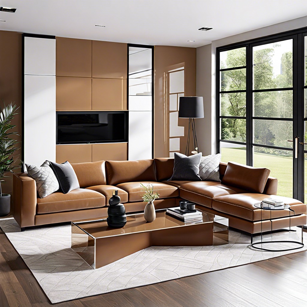 caramel couch with a modern clear acrylic coffee table
