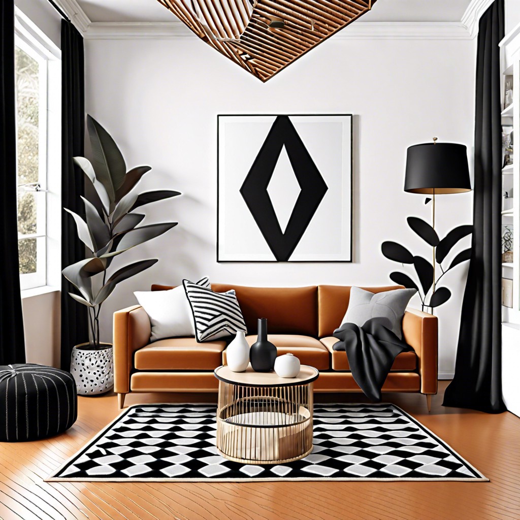 caramel couch with black and white geometric rug