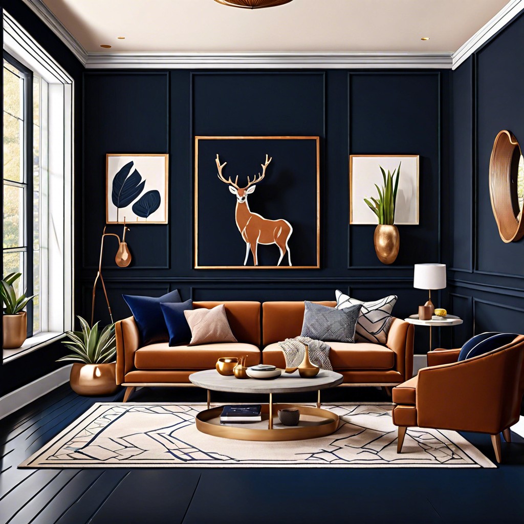 caramel couch with deep navy walls