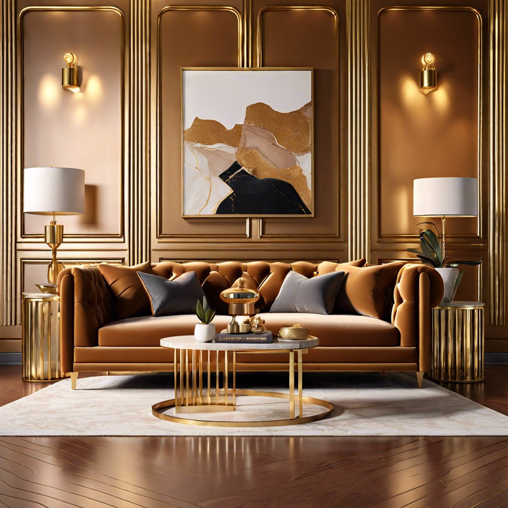 caramel couch with gold accented decor