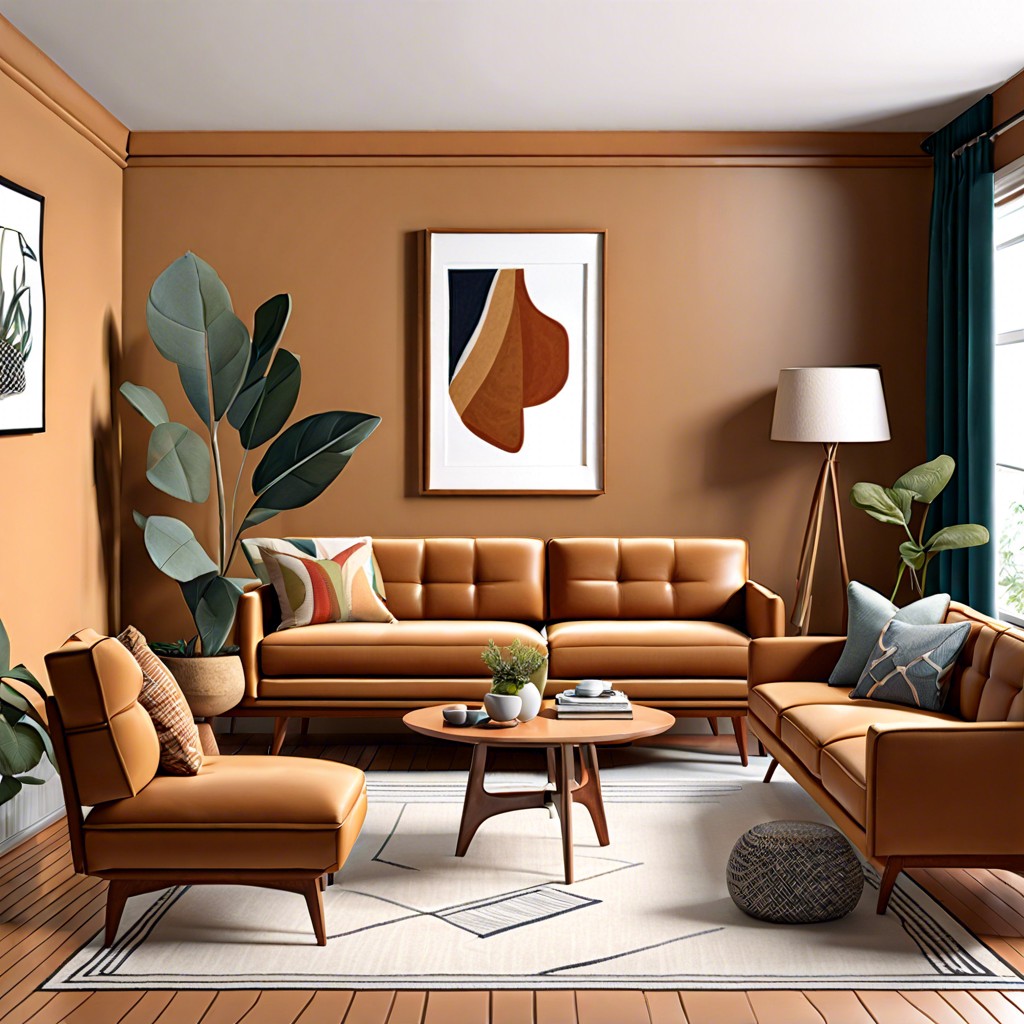 caramel couch with mid century modern furniture