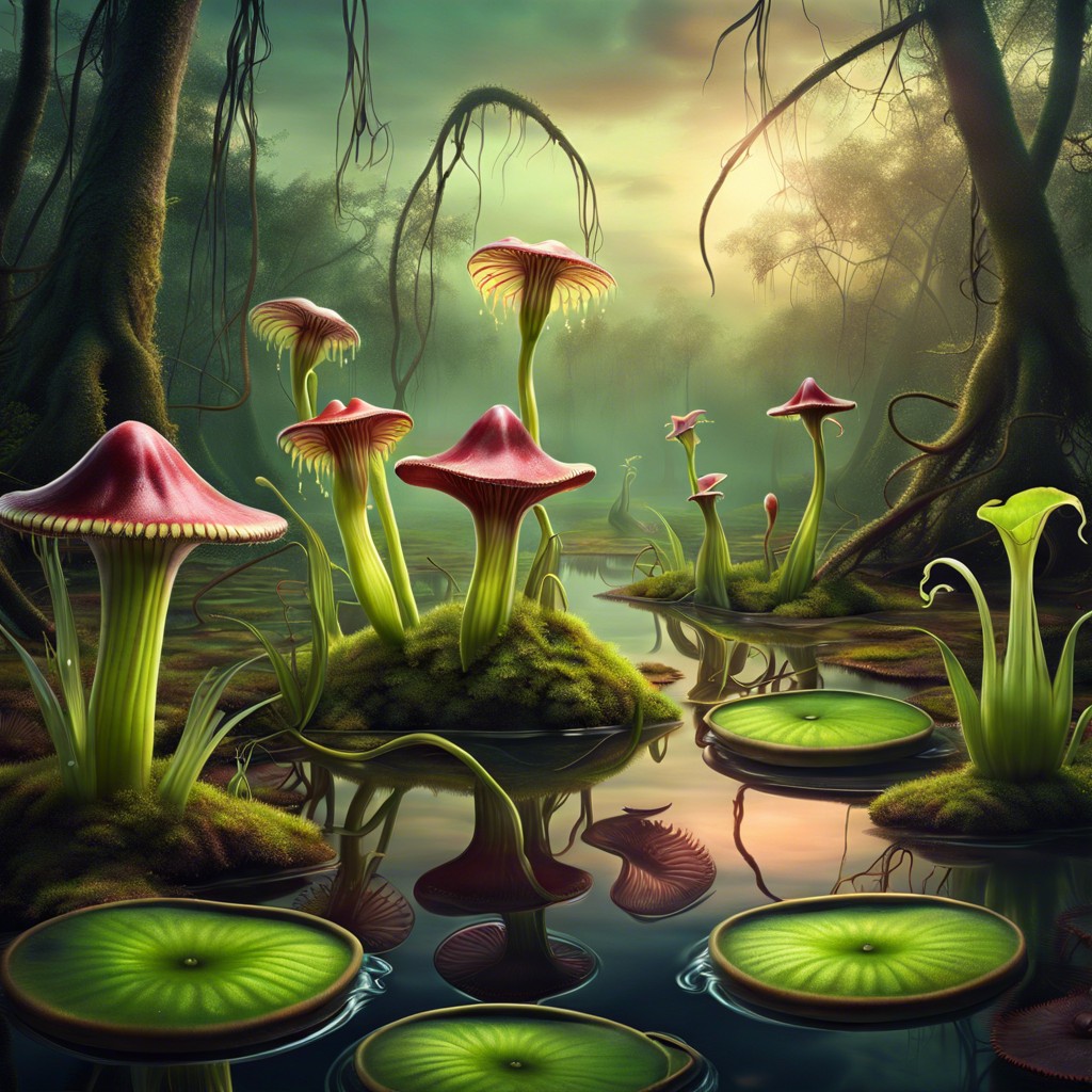 carnivorous plants in a mystical swamp