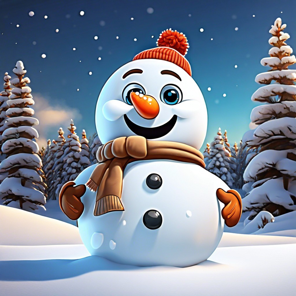 cartoon style snowman with big eyes and a smile