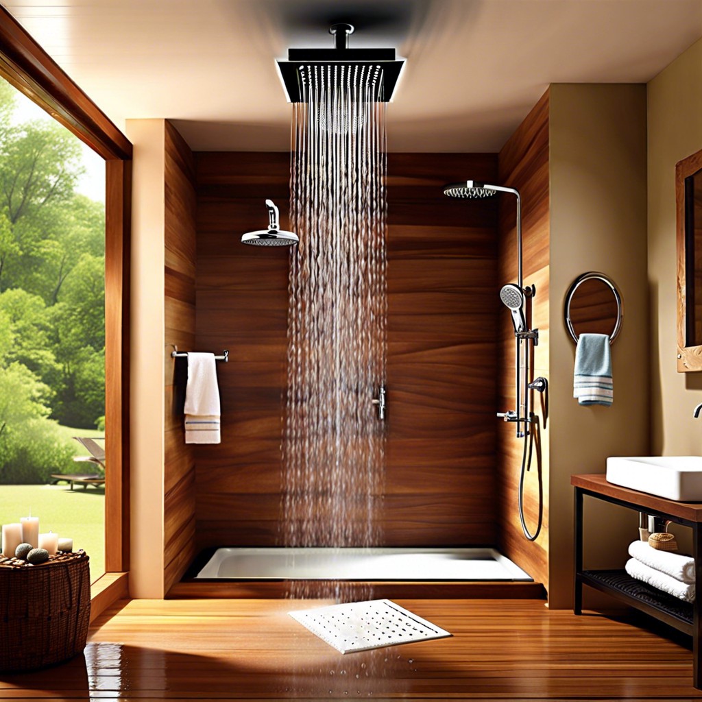 ceiling mounted rainfall shower in a small cabin like enclosure