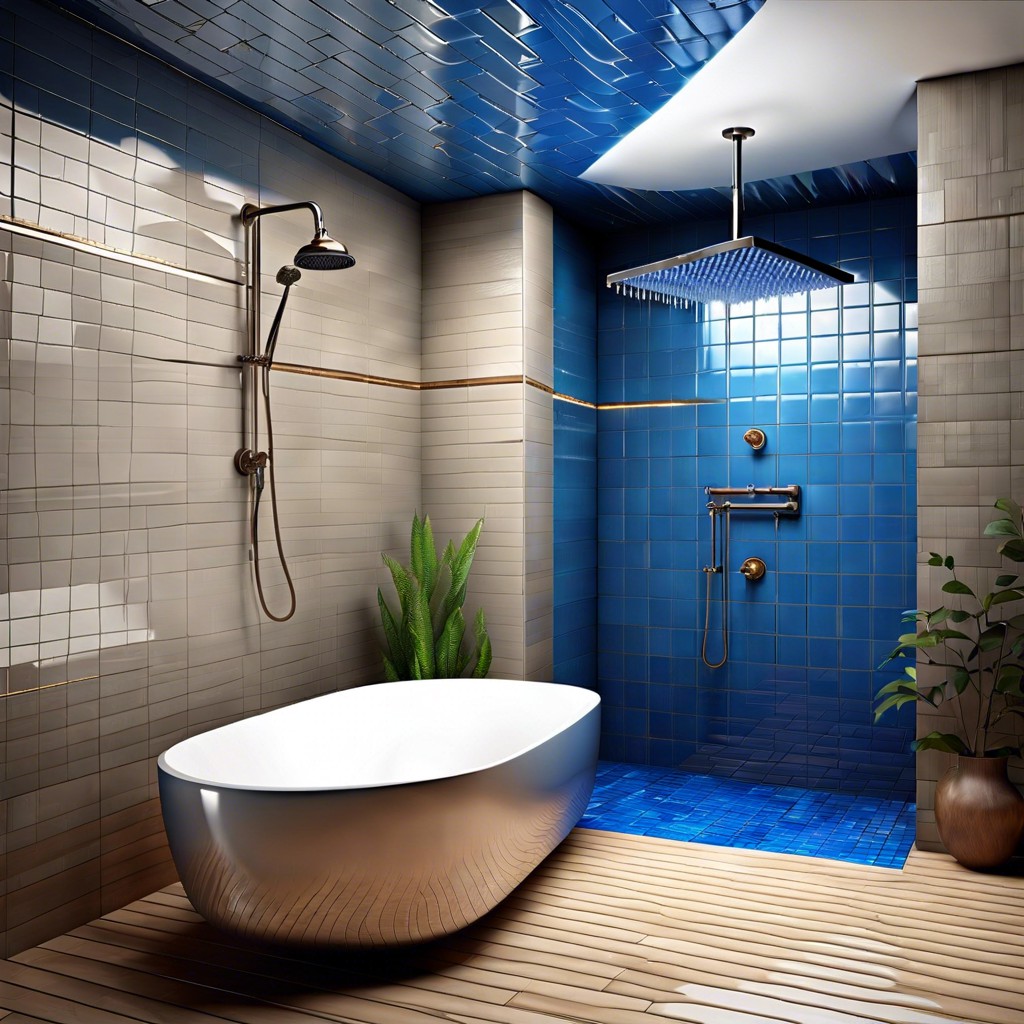 ceiling rainfall effect with reflective blue tiles