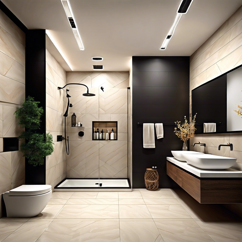 ceiling tiles extend porcelain tiles to the bathroom ceiling for a unique cohesive look