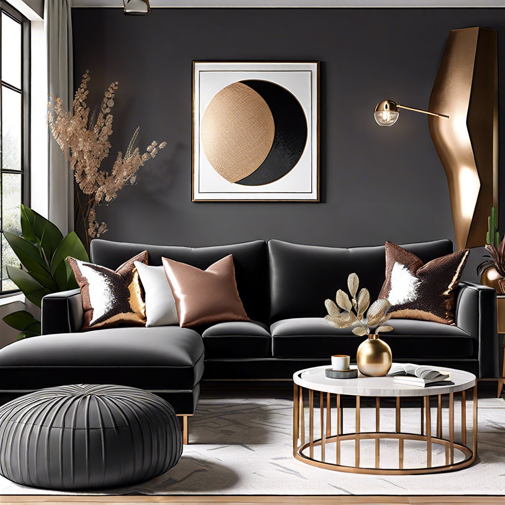 charcoal sectional with metallic throw pillows