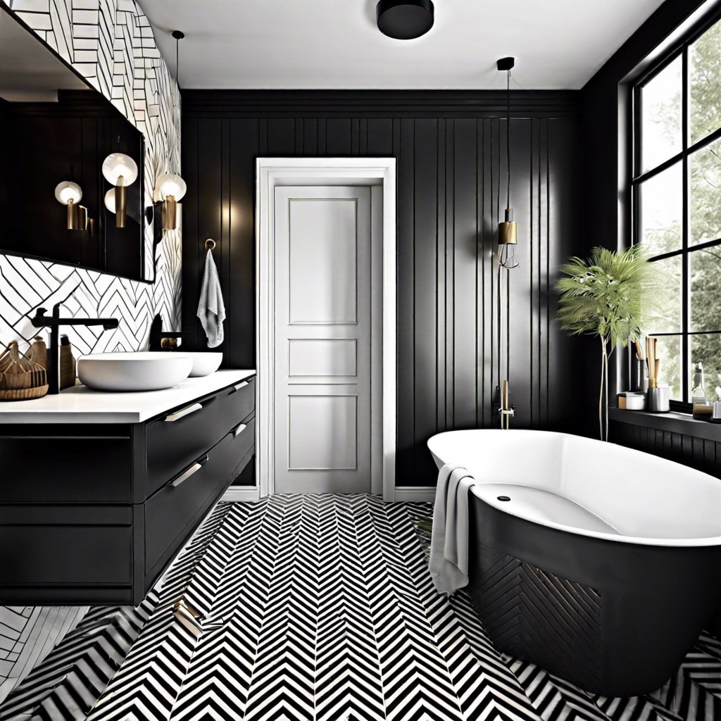 chevron pattern tiles in monochrome shades on lower walls