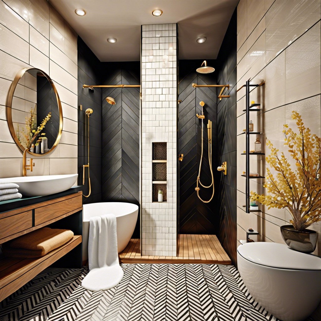 chevron patterned tiles with metallic accents