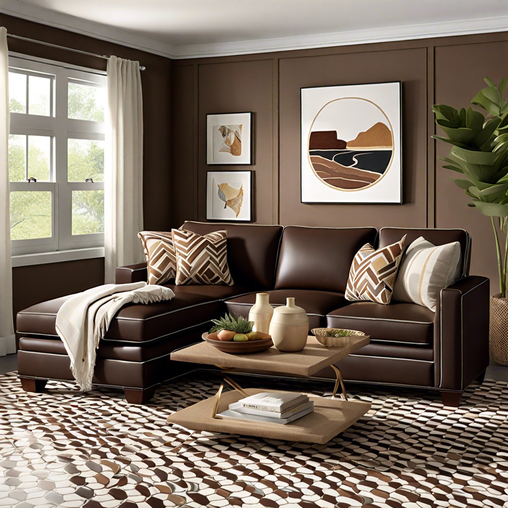 chocolate brown sectional with patterned tile flooring