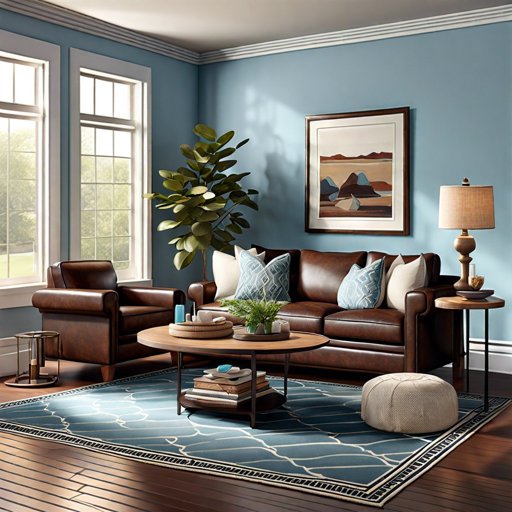 choose light blue walls and a patterned area rug for a gentle airy ambiance