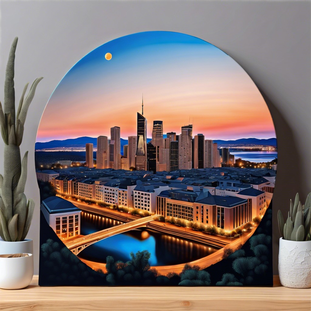 circular cityscape silhouette at dusk