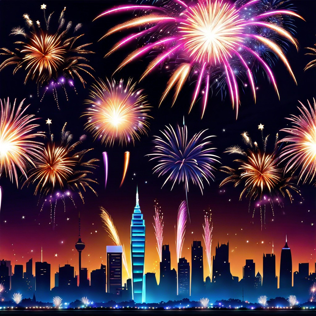 city skyline with fireworks