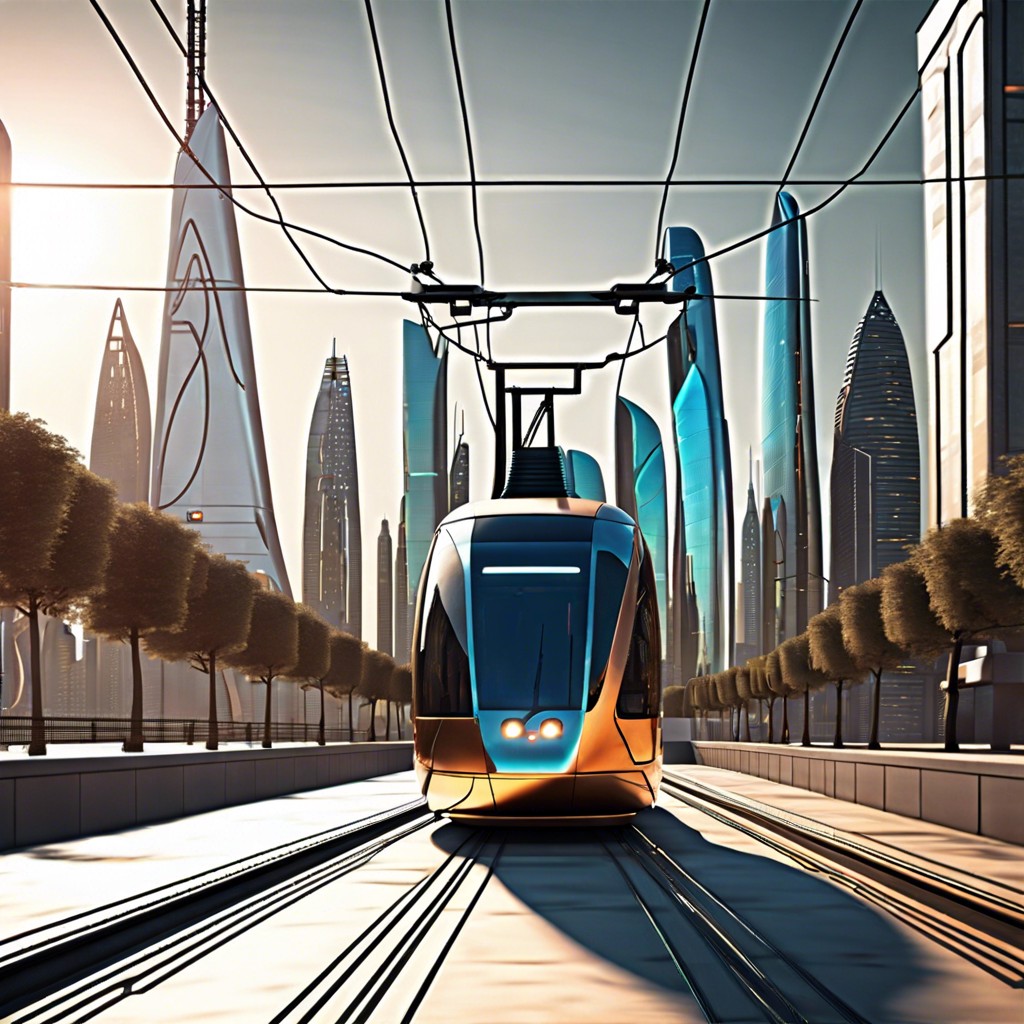 city skyline with moving tram