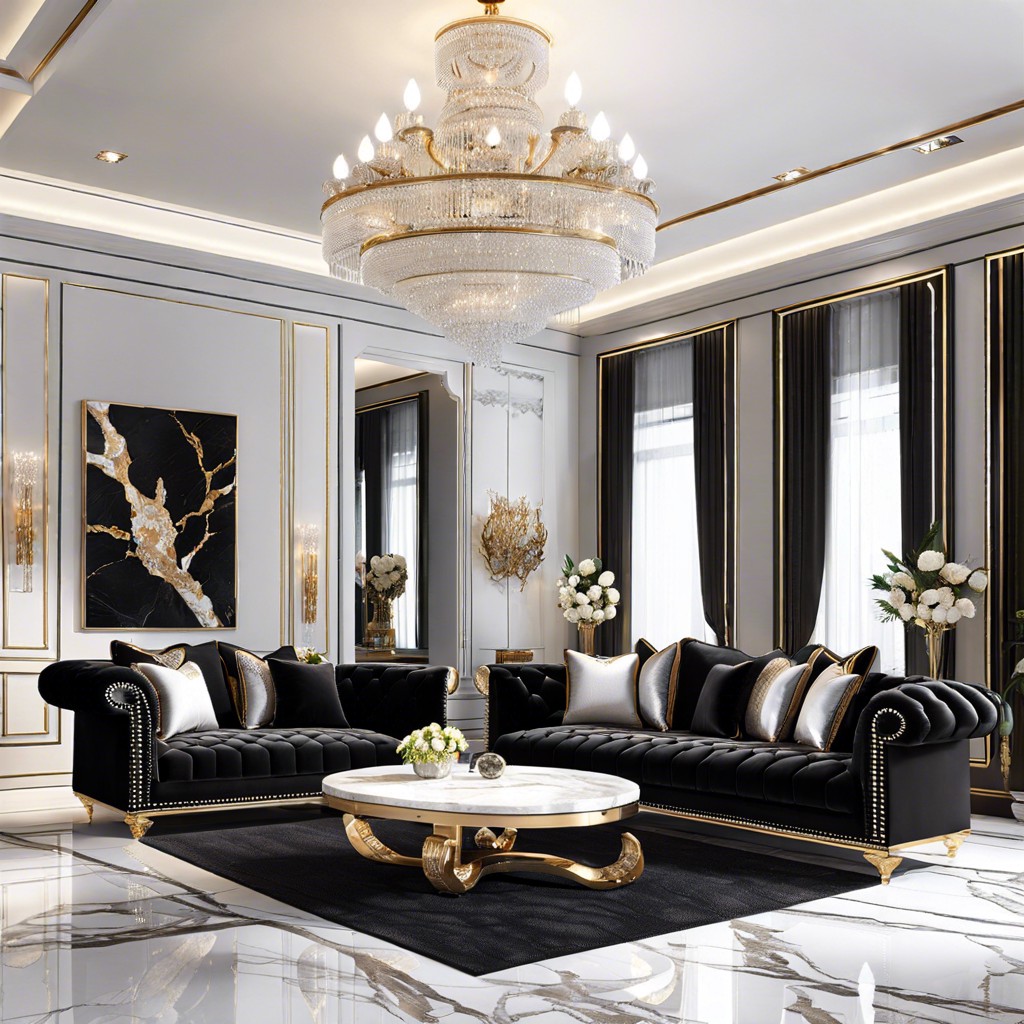 classic chic black velvet sofa with white marble side tables and crystal chandeliers