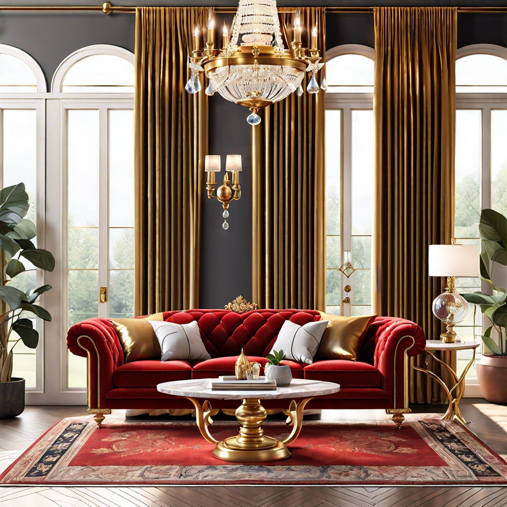 classic elegance style the red couch with gold or brass elements crystal chandeliers and luxurious curtains