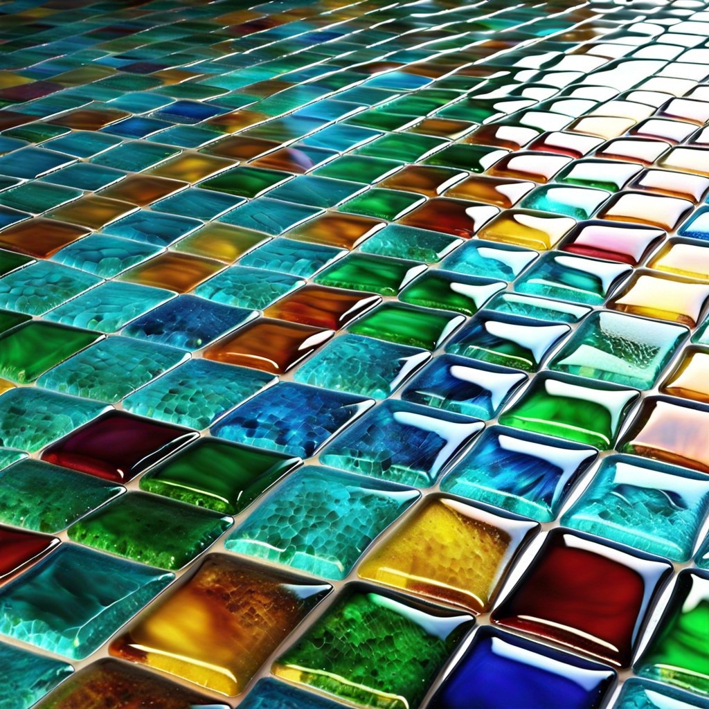 clear glass tiles showcasing a colorful grout