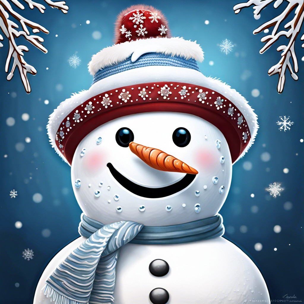 close up of a snowmans face exaggerated features