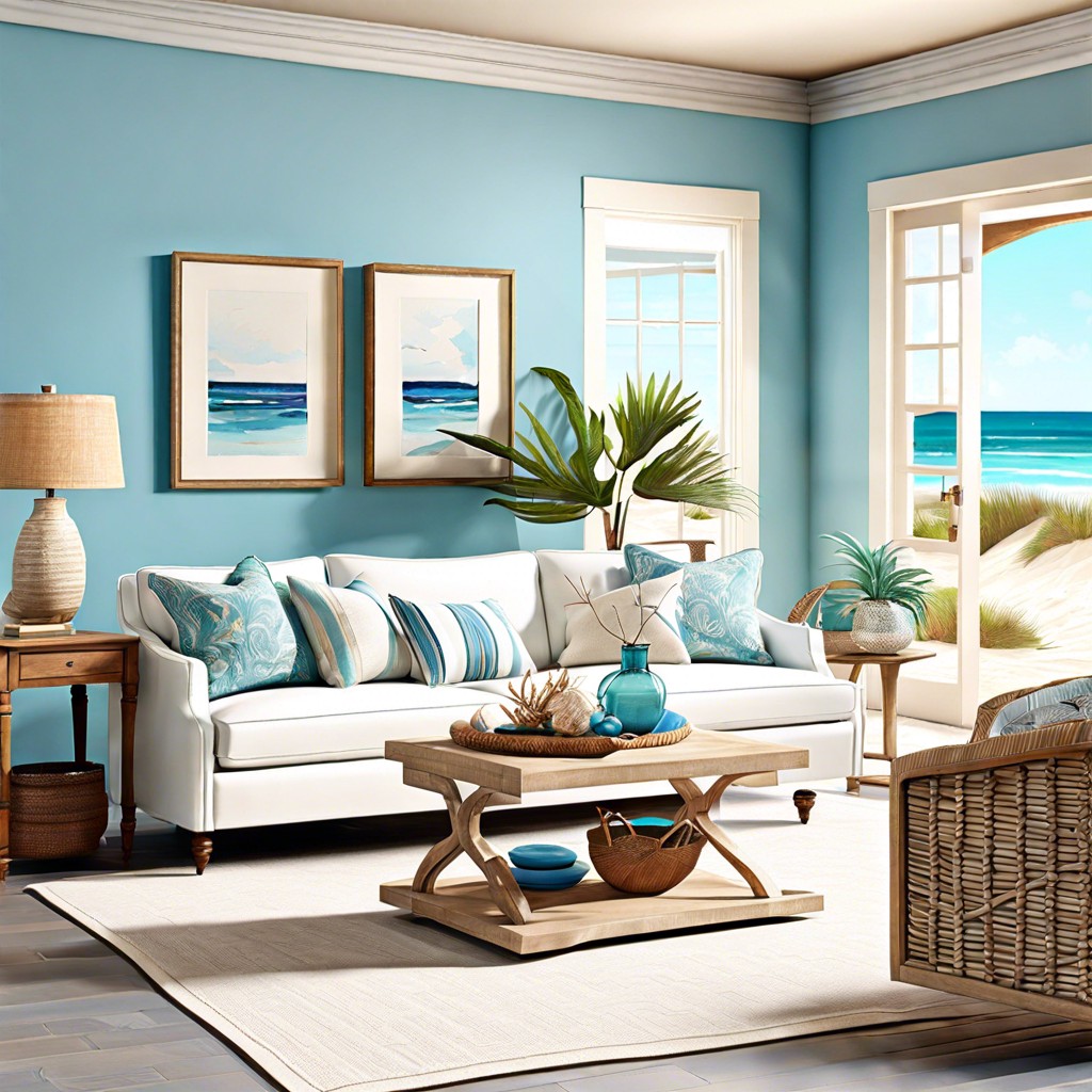 coastal charm pair a white leather sofa with soft blue walls and sandy accents for a beach inspired vibe
