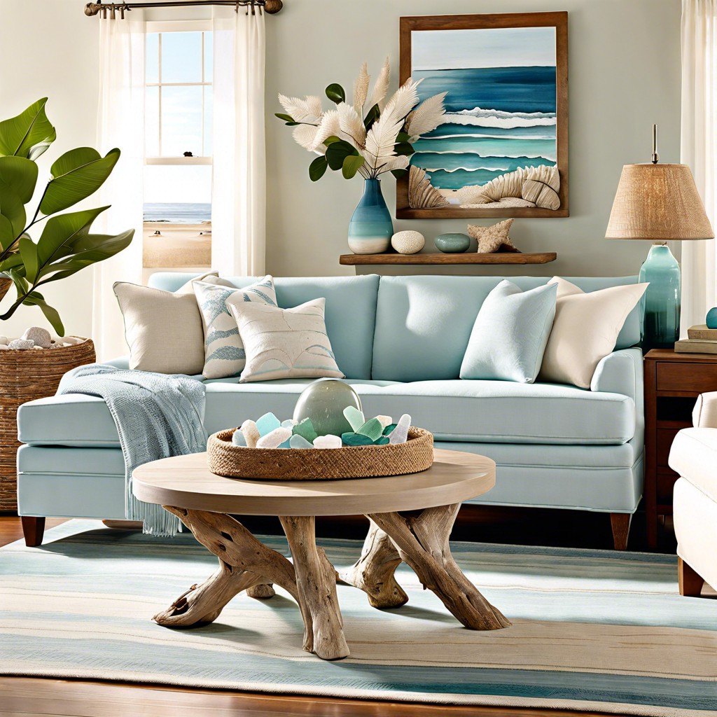 coastal charm pair light blue couch with white and sand colored accents driftwood and sea glass decor