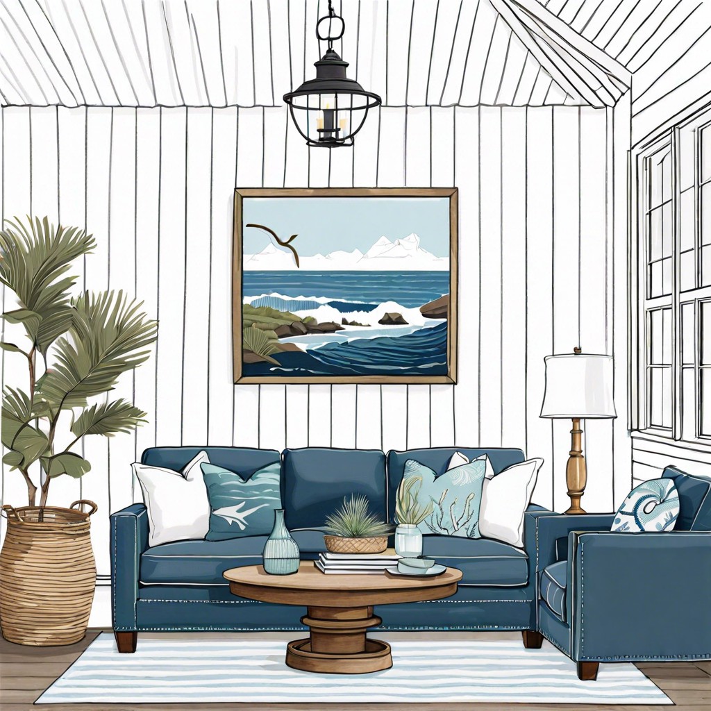 coastal charm pair the denim blue couch with white shiplap walls and ocean themed decor