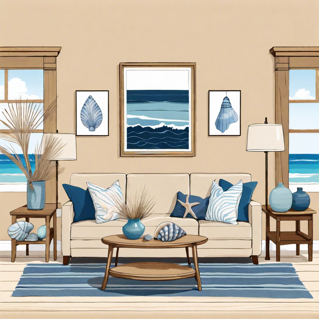 coastal charm pair the tan couch with blues and sandy whites adding seashells and driftwood accents