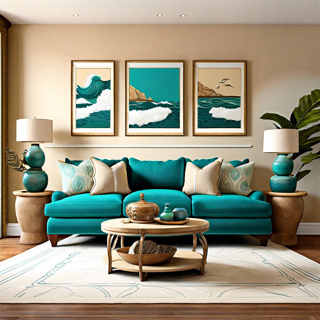 coastal charm pair the teal sofa with sandy beige walls and ocean inspired artwork