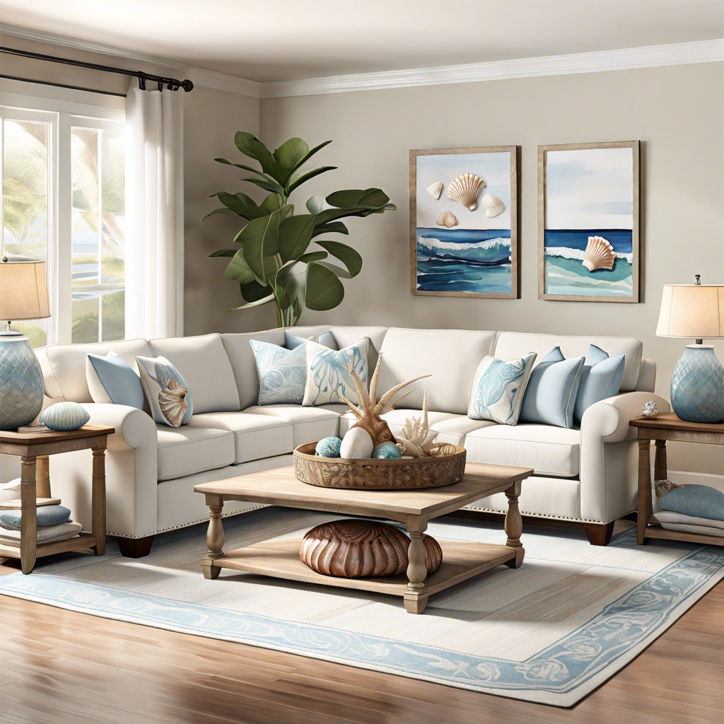 coastal charm style a light colored fabric sectional with oceanic decor such as seashells and pale blue accents