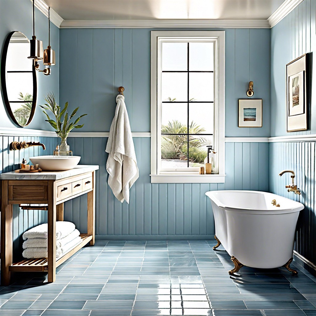 coastal chic soft blue porcelain tiles with sandy colored accents