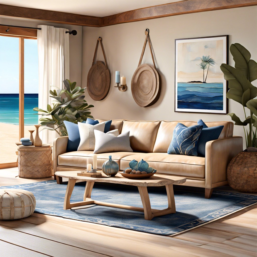 coastal cool style a light beige leather sofa with blues sandy hues and driftwood