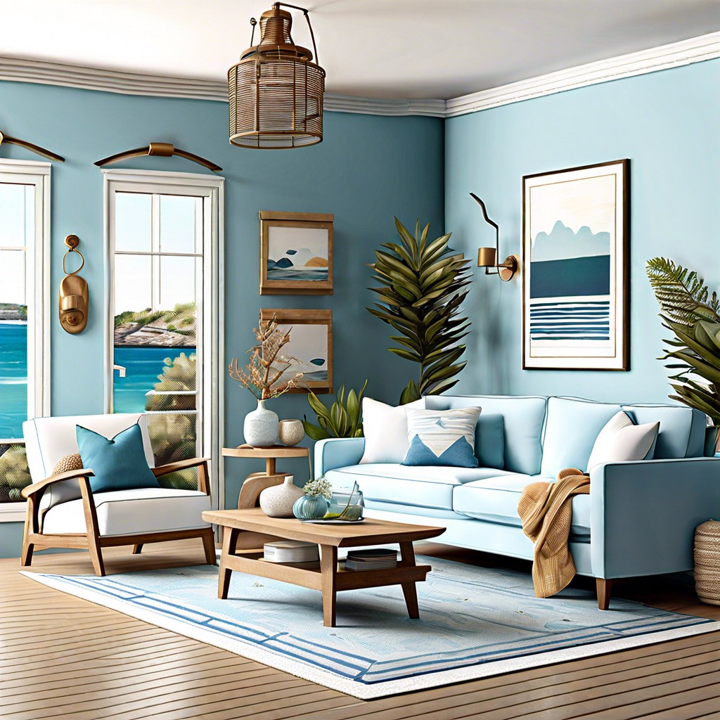 coastal theme with a light blue corner sofa and white accents
