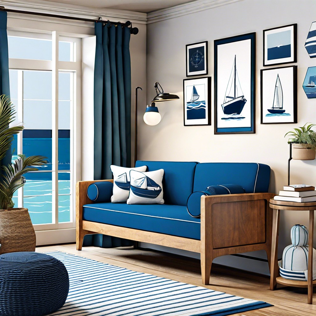 coastal theme with blue accents and a nautical sofa bed