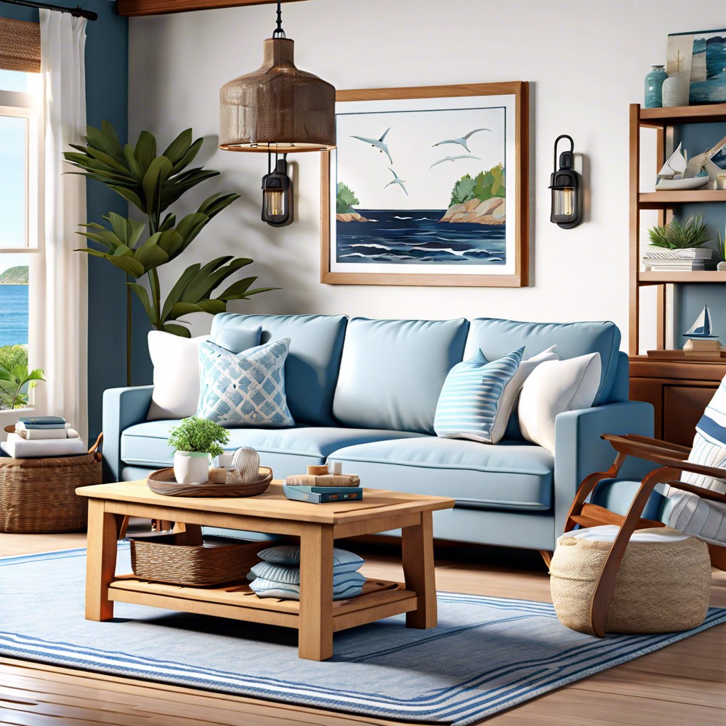 coastal theme with light blue cushions and nautical decor