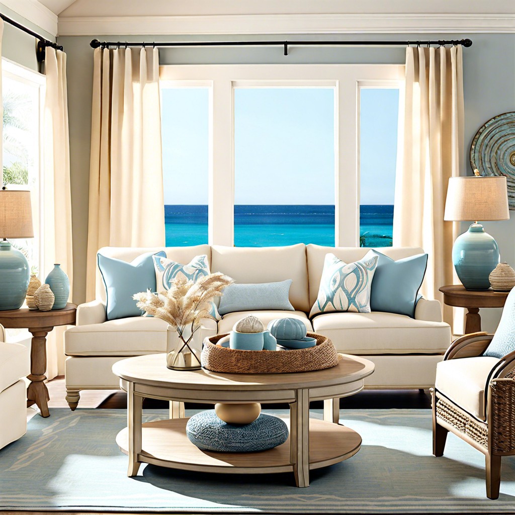 coastal vibe with light blue and sandy beige accents
