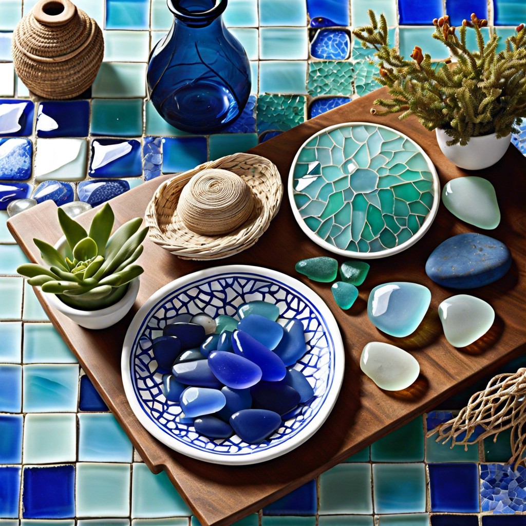 coastal vibe with sea glass and blue tiles