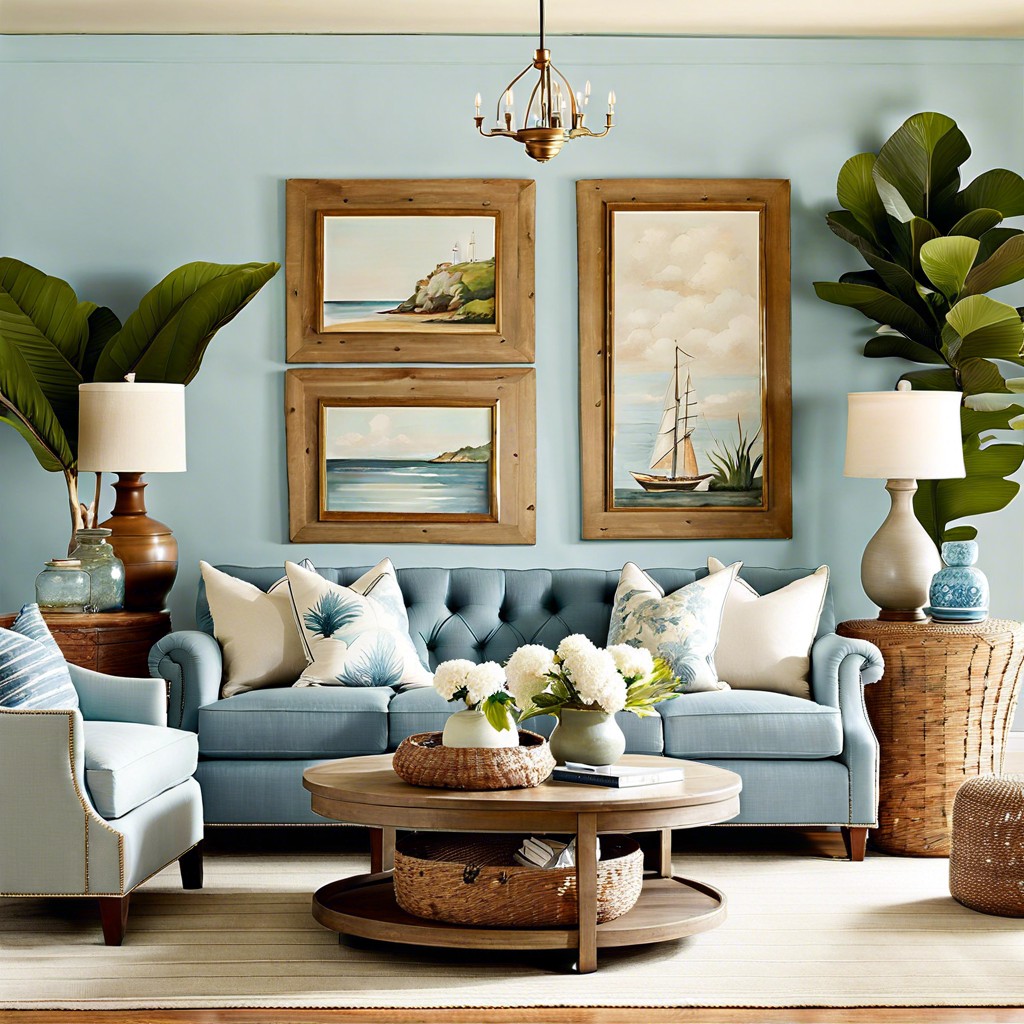 coastal vibe with soft blue tufted sofa