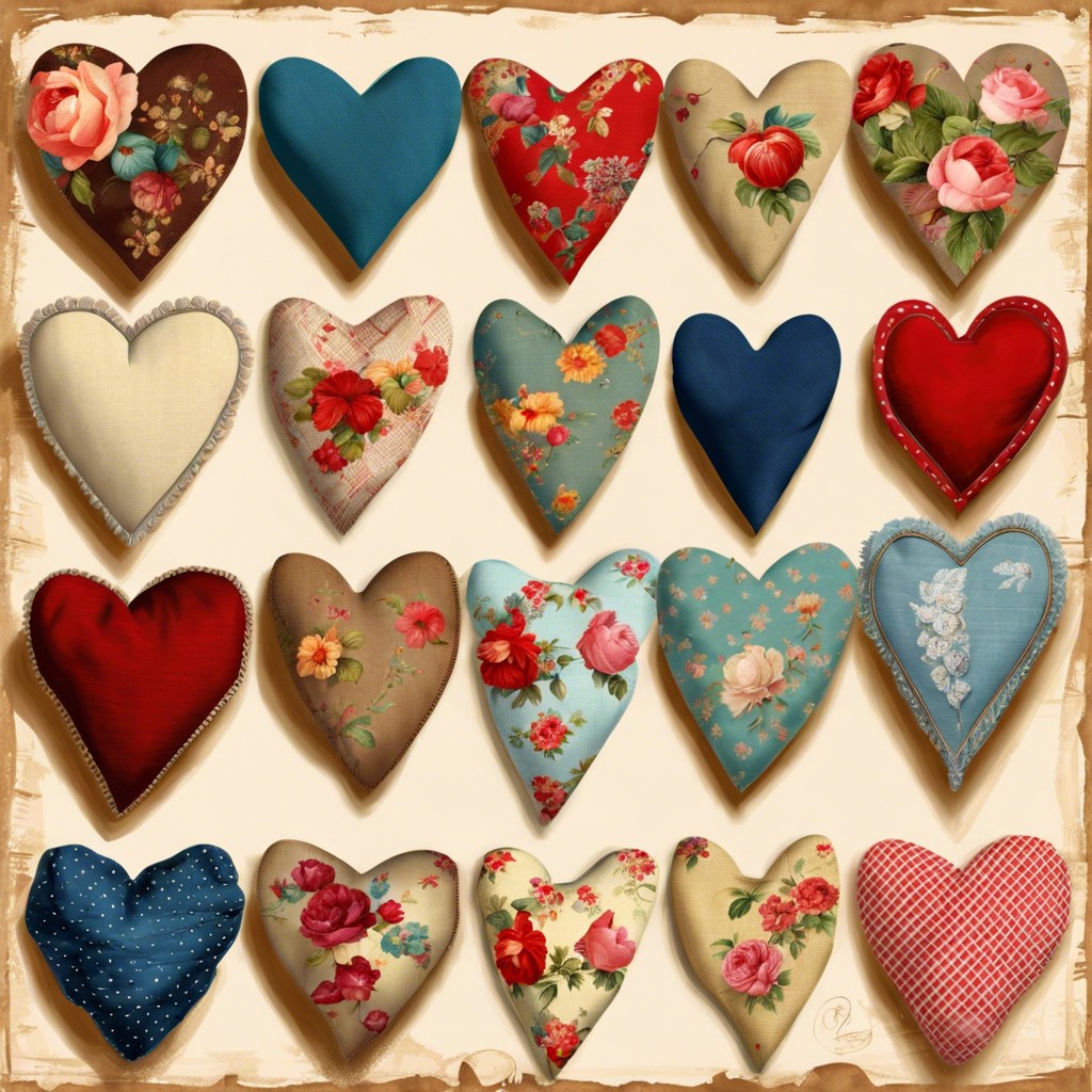 collage of vintage fabric hearts