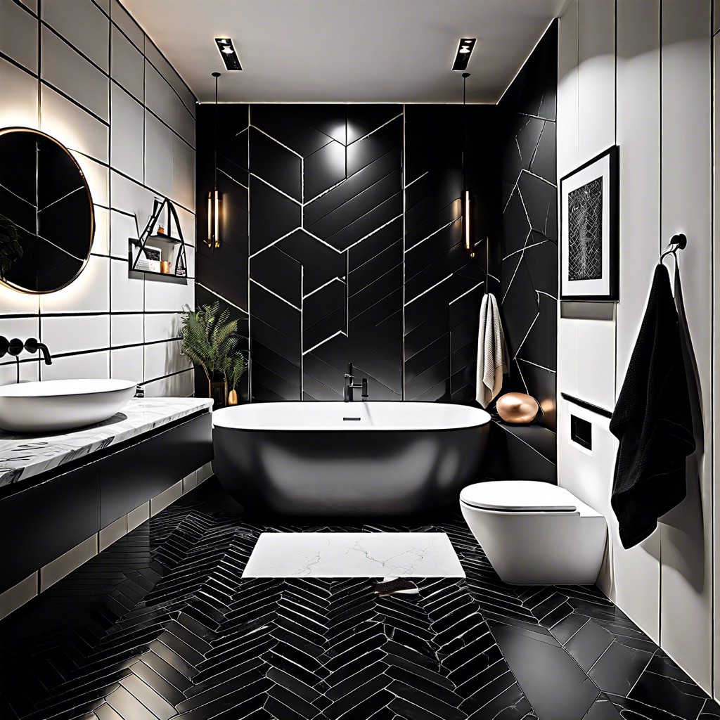 combine black hex tiles with marble for a sophisticated mix